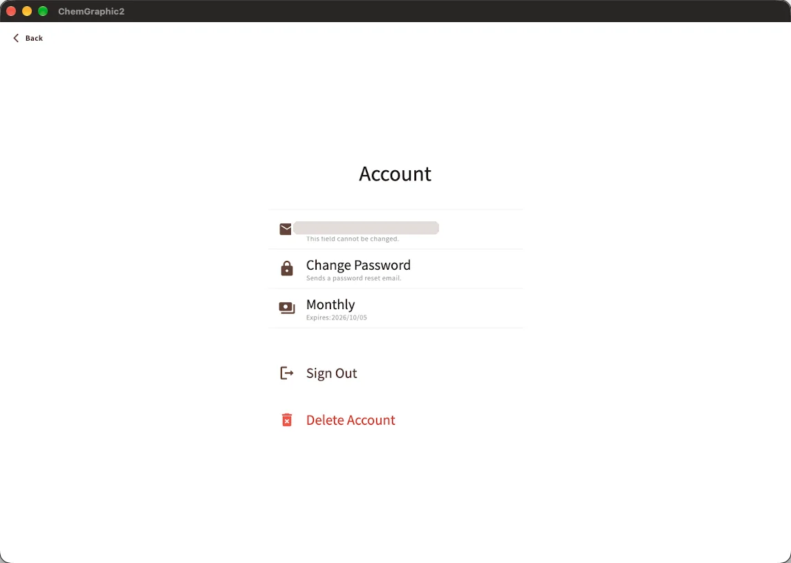 Account screen with email address, Change Password, plan, Sign Out and Delete Account