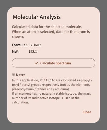 Molecular Analysis dialog showing formula C7H6O2, MW 122.1 and a Calculate Spectrum button
