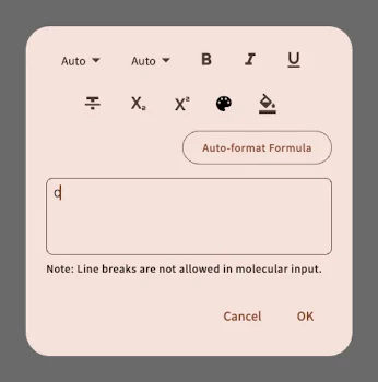 Input dialog opened with the custom atom label tool in the left toolbar
