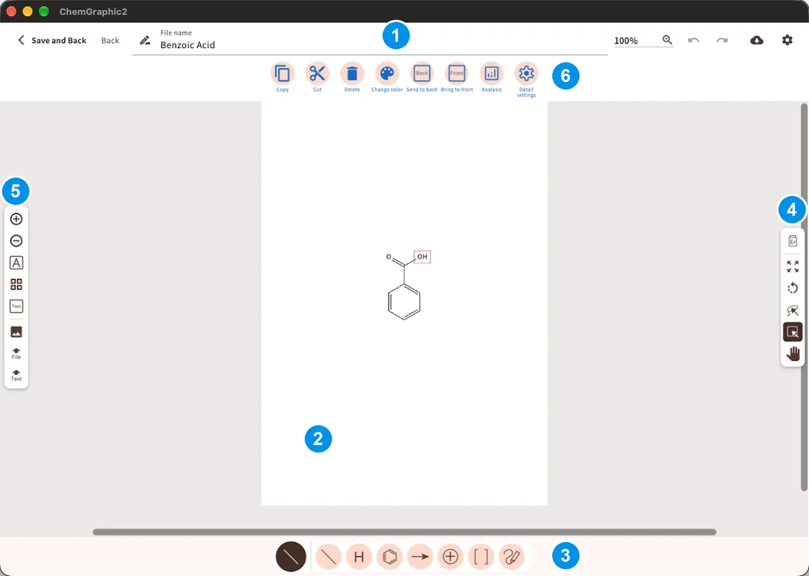 ChemGraphic 2 editor screen numbered: 1 app bar, 2 canvas, 3 bottom toolbar, 4 right toolbar, 5 left toolbar, 6 selection toolbar