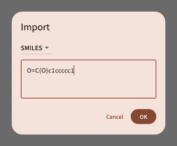 Import dialog with the SMILES of benzoic acid entered
