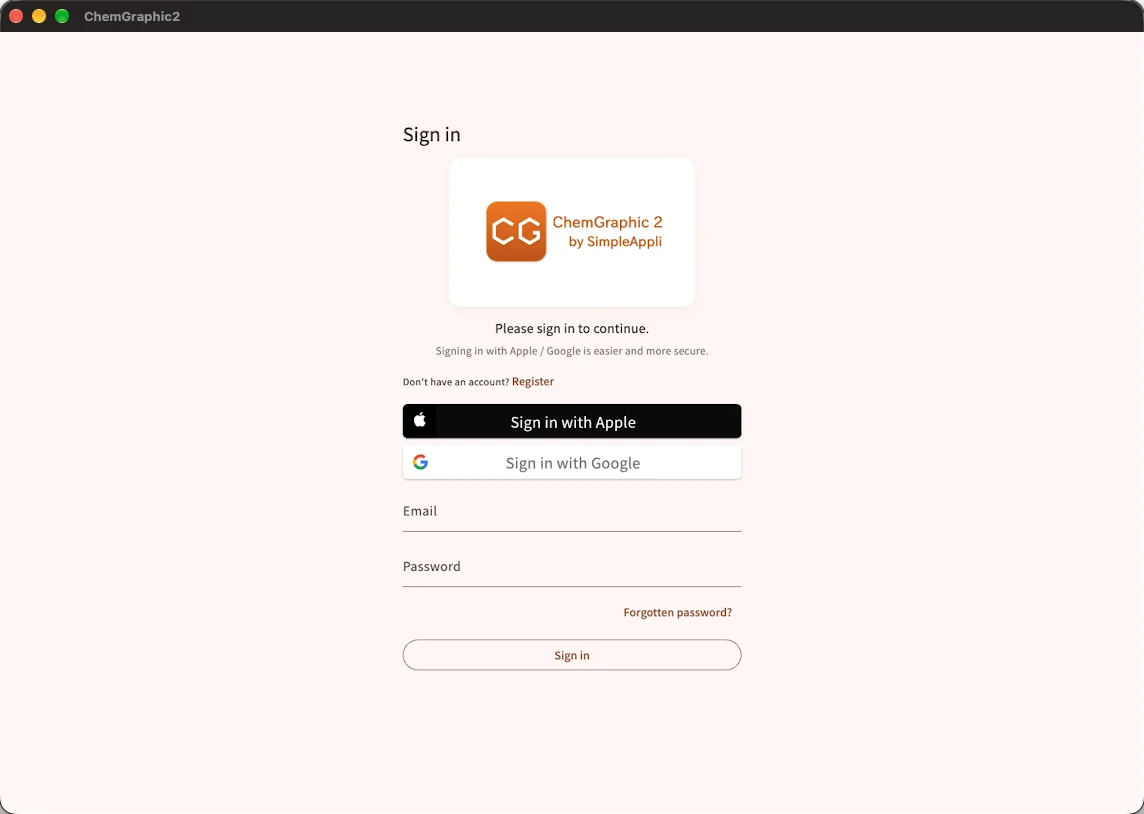 ChemGraphic 2 sign-in screen (Mac) with Sign in with Apple, Sign in with Google and email fields