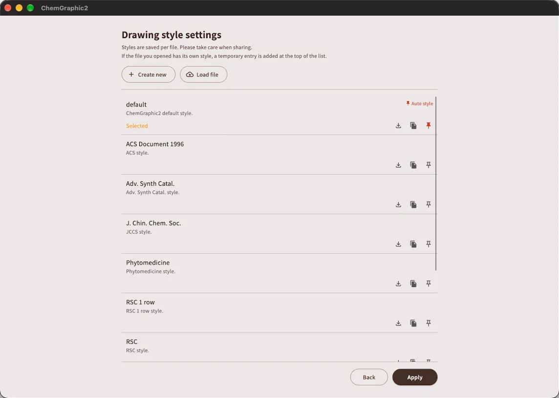 ChemGraphic 2 drawing style settings with the style list and Create new / Load file buttons
